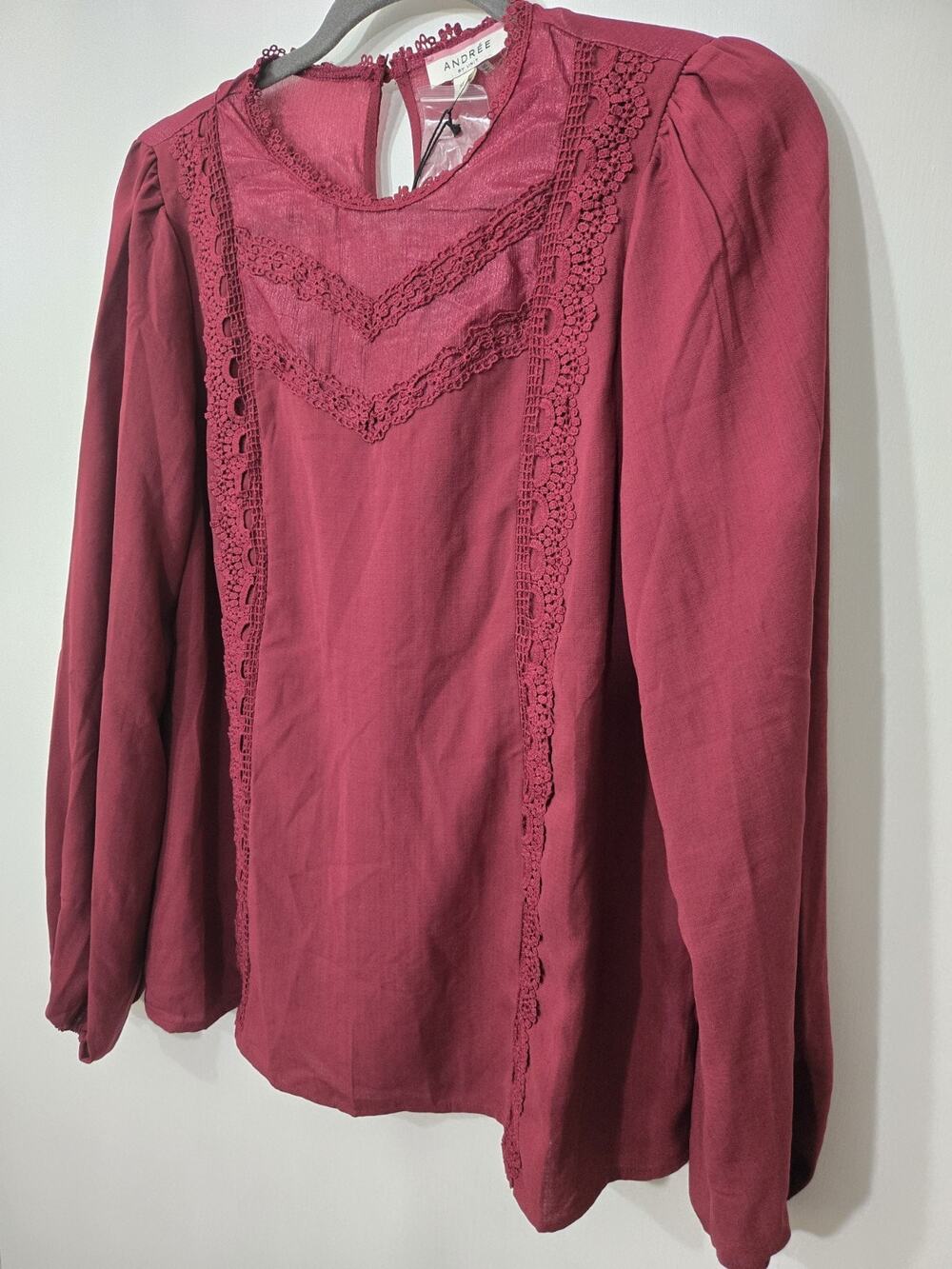 Burgundy dark romantic whimsigoth Blouse Long Sheer Sleeve Lace Neck Size M lady